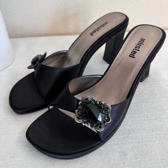 Kenneth Unlisted Cole Black Satin Jeweled Heeled Slip On Sandals Women’s 8.5 - Picture 4 of 12